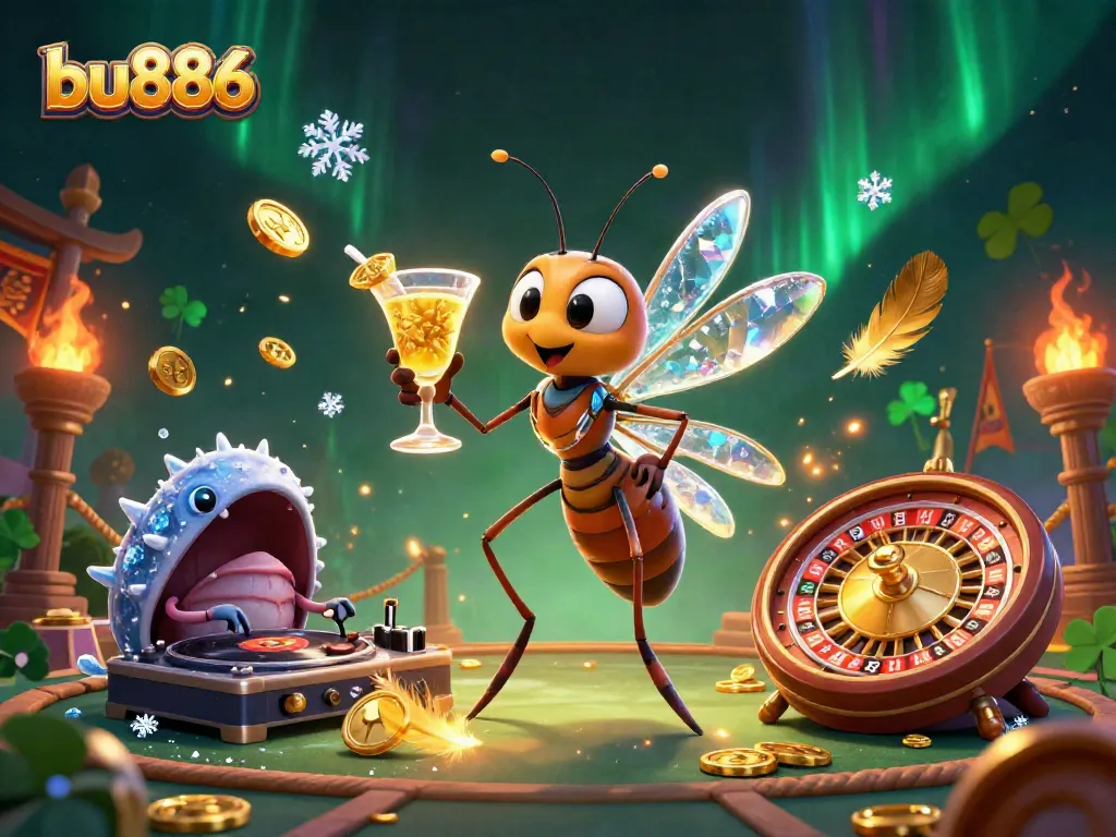Experience the casino thrill with bu886's frozen mosquito mascot, trilobite DJ, and roulette wheel in a vibrant 3D scene.