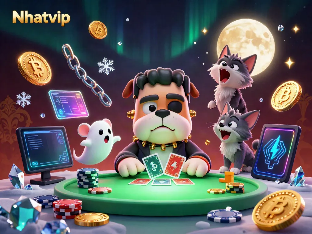 Nhatvip showcases an adventurous 3D illustration of a card game with animated characters at a haunted casino table.