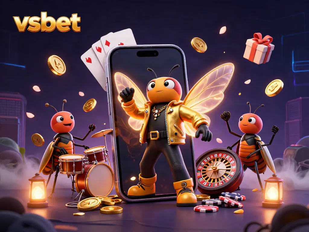 Witness the vibrant vsbet scene with a cicada rock star and gambling elements in action.
