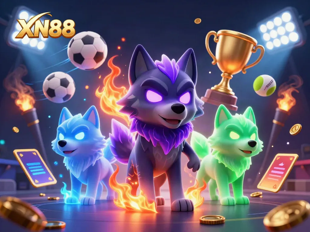 Experience XN88's thrilling gambling atmosphere with animated sports elements and ghostly wolves.