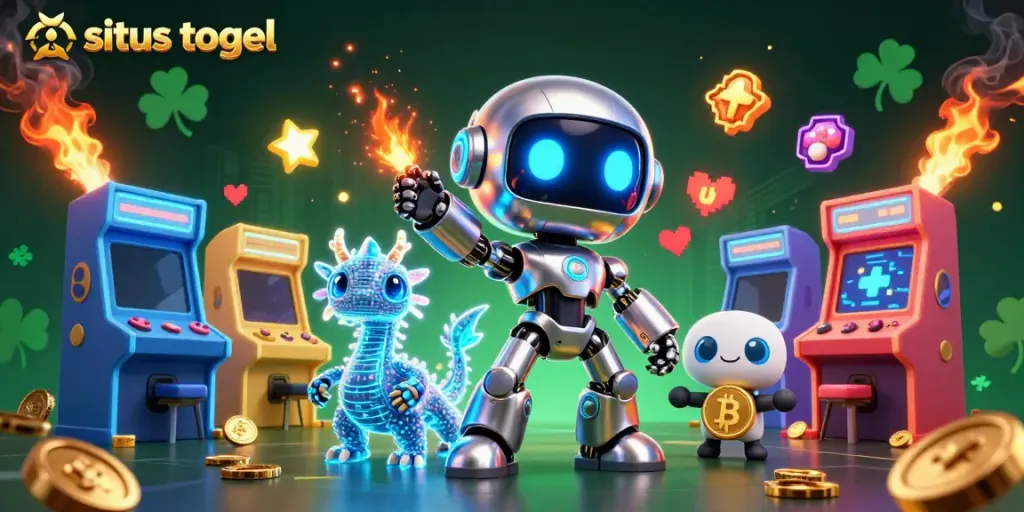 Experience excitement with situs togel as a robotic mascot and holographic companions in a dynamic casino landscape.