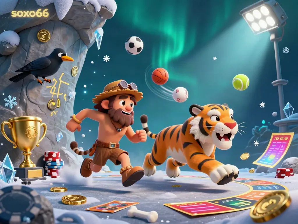 Engage with soxo66 at a dynamic prehistoric casino featuring cartoon characters and vibrant betting elements.