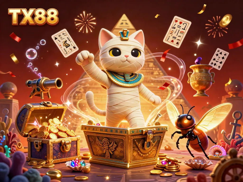 Engage in thrilling gameplay with TX88 at a vibrant casino featuring an Egyptian mummy cat and golden treasures.