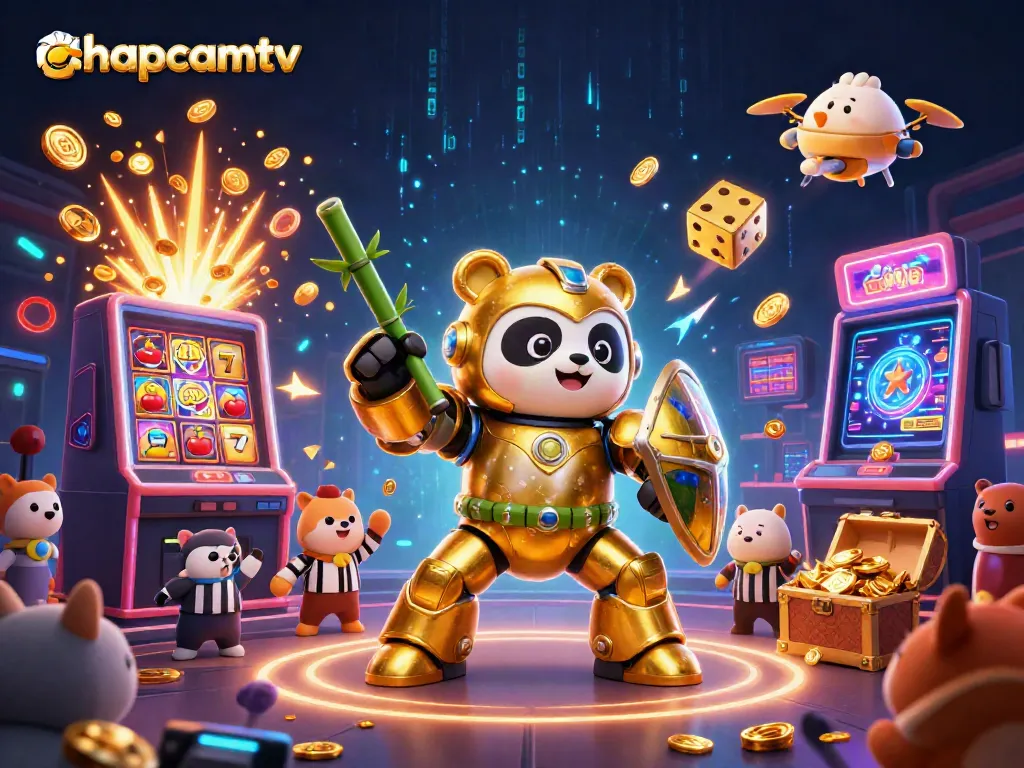 Experience thrilling action at thapcamtv with golden panda in 3D gambling-themed arena.