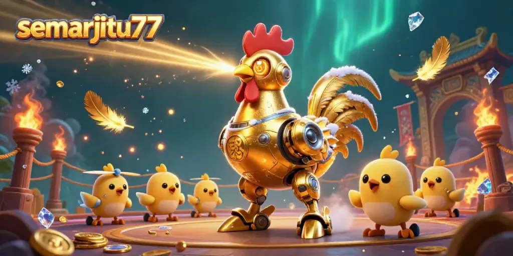 Permainan semarjitu77 dengan robot ayam emas dan drone anak-anak, menyebar koin emas.