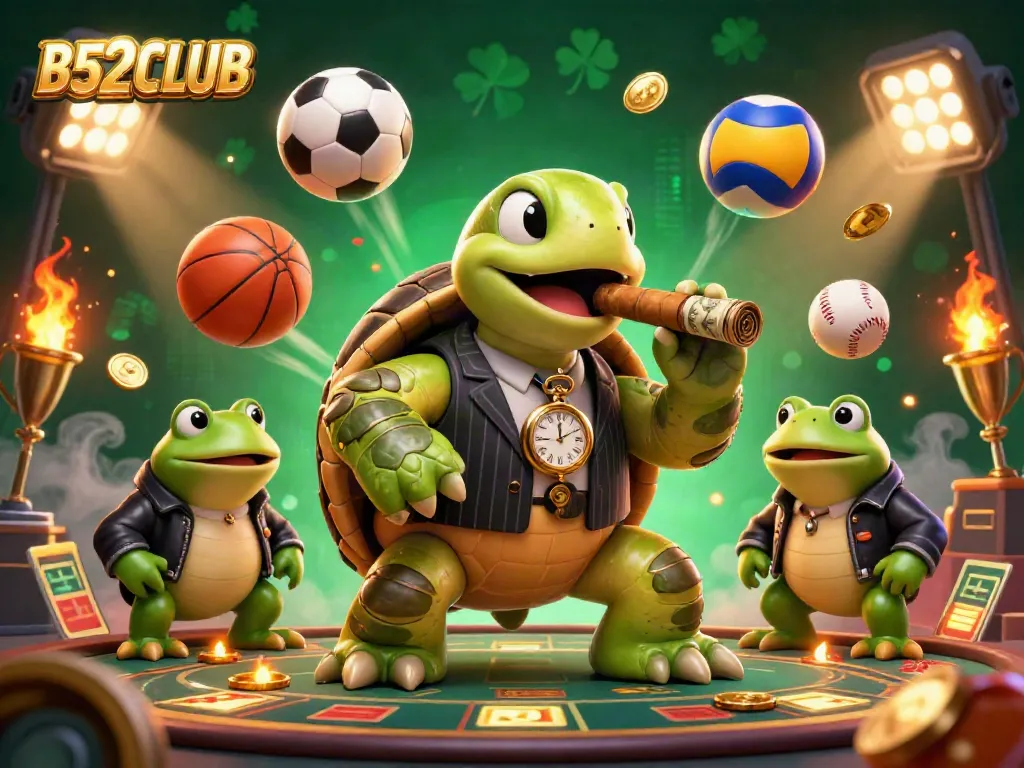 Experience B52CLUB's alluring gambling world with an engaging 3D illustration of a mobster turtle amidst dynamic sports elements.