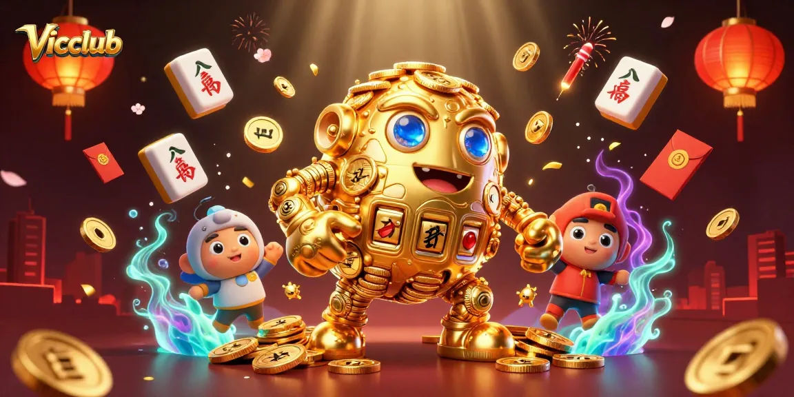 Engage with Vicclub in a vibrant 3D casino scene filled with golden golems and festive elements