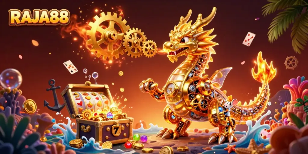 Experience RAJA88's thrilling gaming adventures with a golden dragon amidst treasures and vivid game elements.