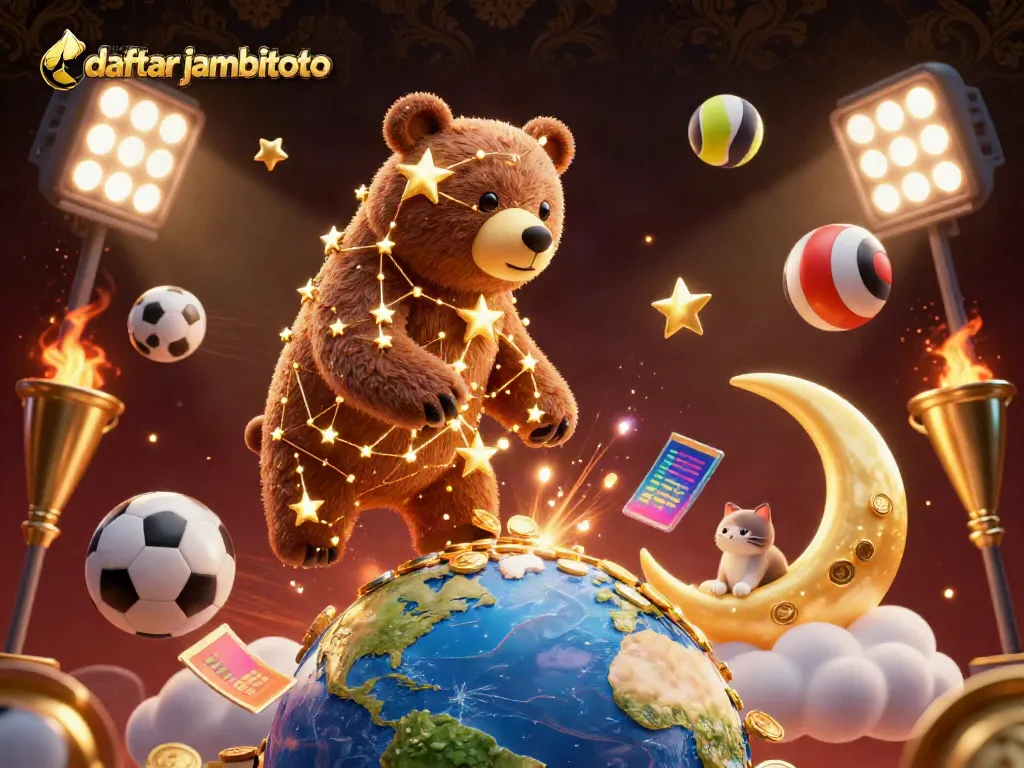 Engage with daftar jambitoto as the constellation bear collects coins amidst dynamic sports elements.