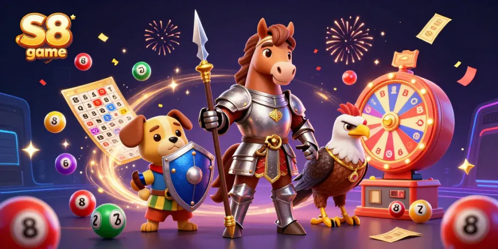 S8 game features a knight and squire puppy amidst dynamic lottery elements capturing casino excitement.