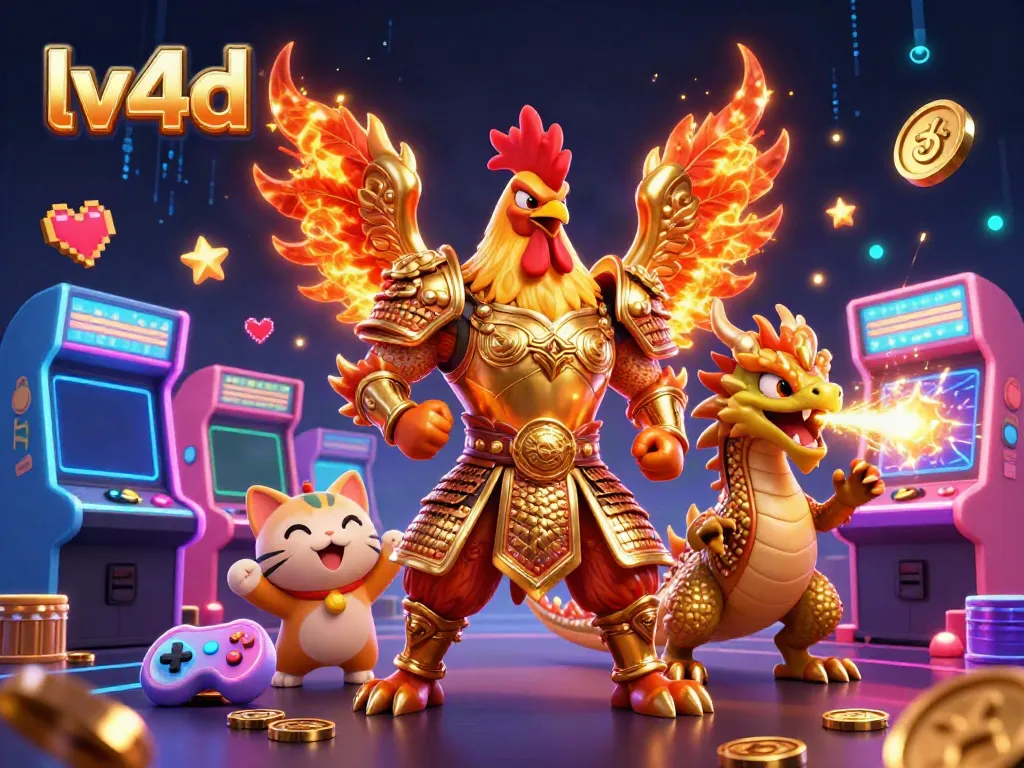 Experience the thrilling lv4d gaming scene with a rooster warrior and dragon in a dynamic arcade atmosphere.