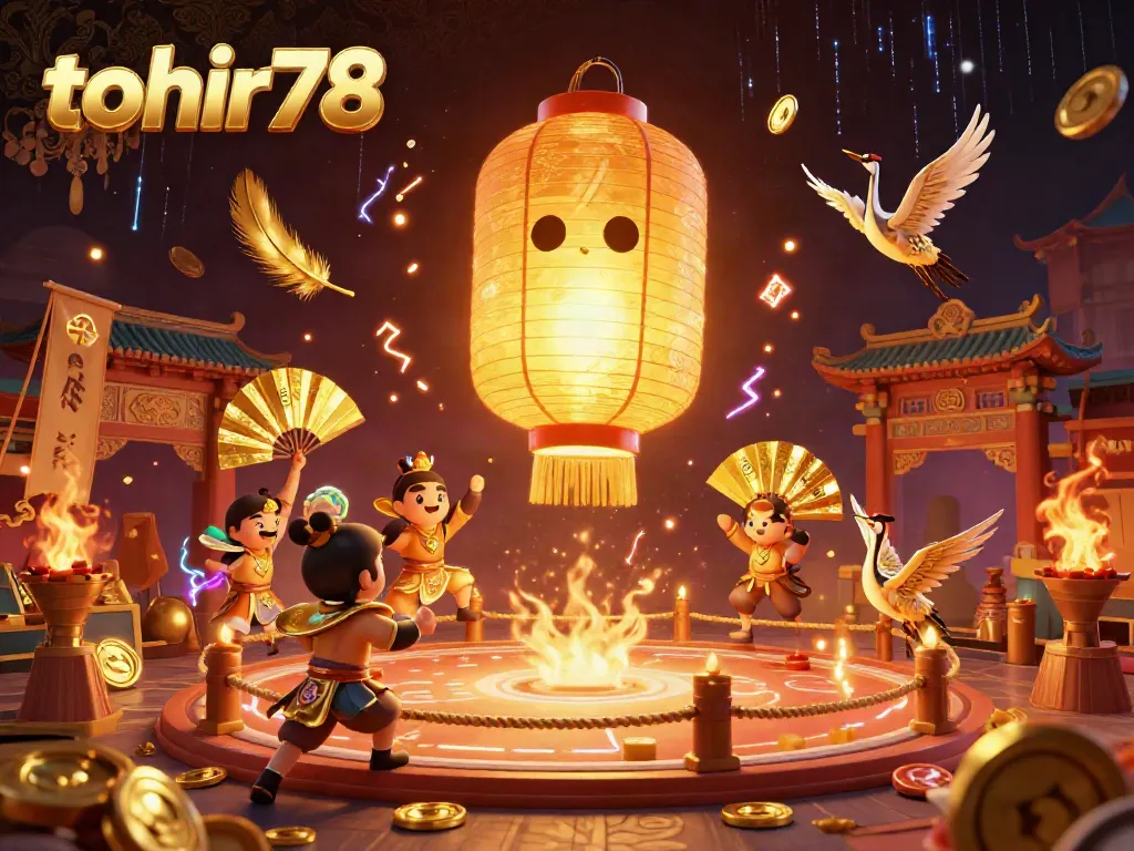 Experience the allure of tohir78 with a vibrant casino scene featuring golden lantern spirits and dynamic game elements.
