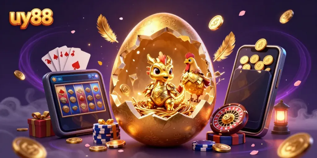 Catalyze excitement with uy88's 3D dynamic illustration featuring a golden dragon, poker chips, and slot game elements.