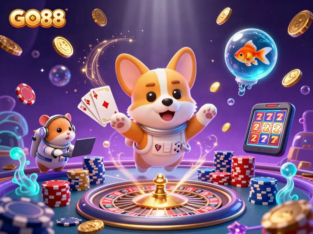 Experience GO88 in a vibrant, zero-gravity casino scene with animated elements and cosmic characters.