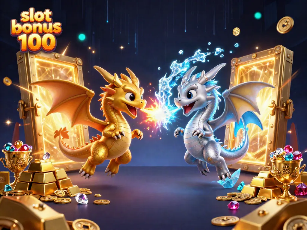 Feel the excitement of winning with slot bonus 100, surrounded by golden treasures and mystical dragons in action.
