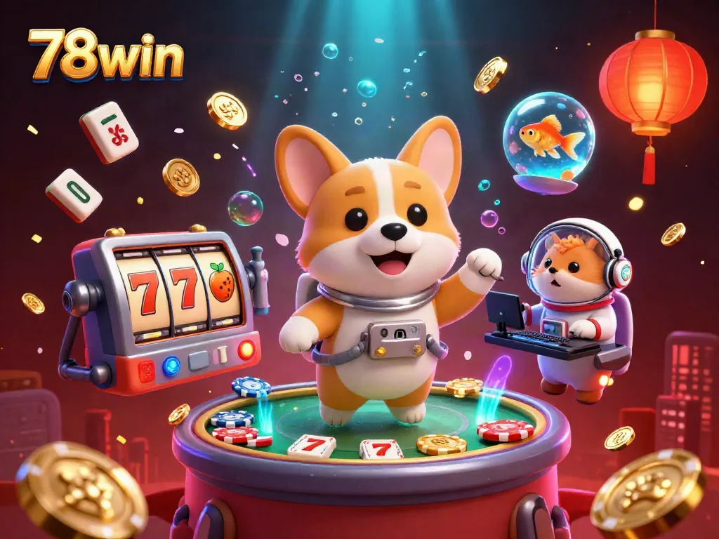 Experience thrilling gaming with 78win, featuring a floating astronaut corgi, casino elements, and vibrant visuals.