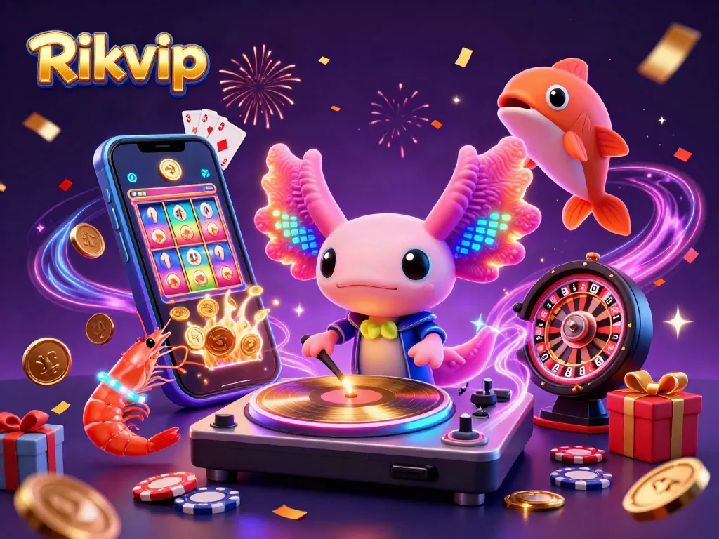 Rikvip spins vibrant slot games with a neon axolotl DJ and party atmosphere, showcasing excitement.