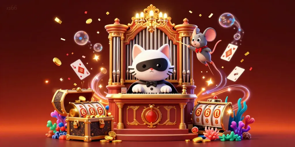 Engage with xs66 in a vibrant casino scene featuring a phantom white cat and mouse acrobat.