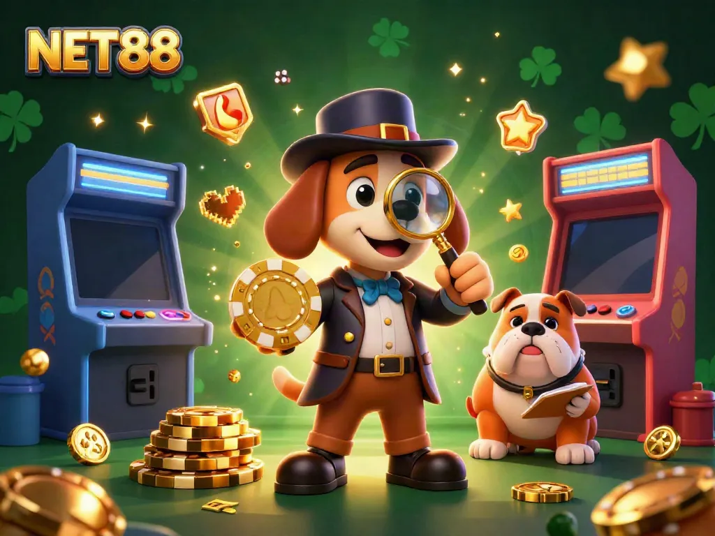 Experience the excitement of NET88 with a detective-themed casino scene showing animated characters exploring gaming treasures.