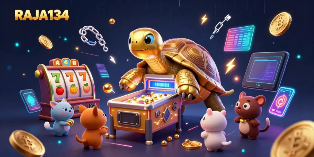 Experience excitement in the RAJA134 universe with a vibrant 3D casino scene featuring a playful golden tortoise and engaging gameplay elements.