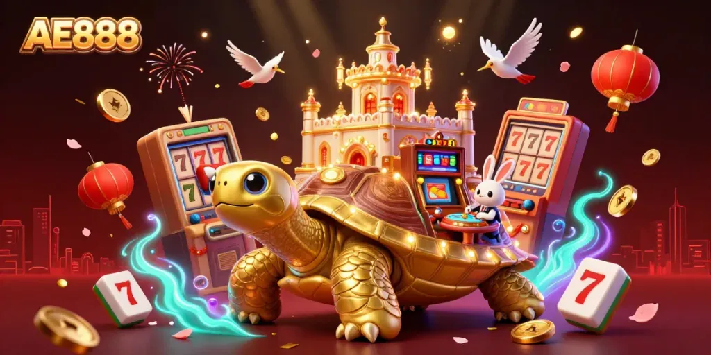 Engage with AE888 in a vibrant casino scene featuring a golden tortoise with a casino on its shell, ideal for online gambling.