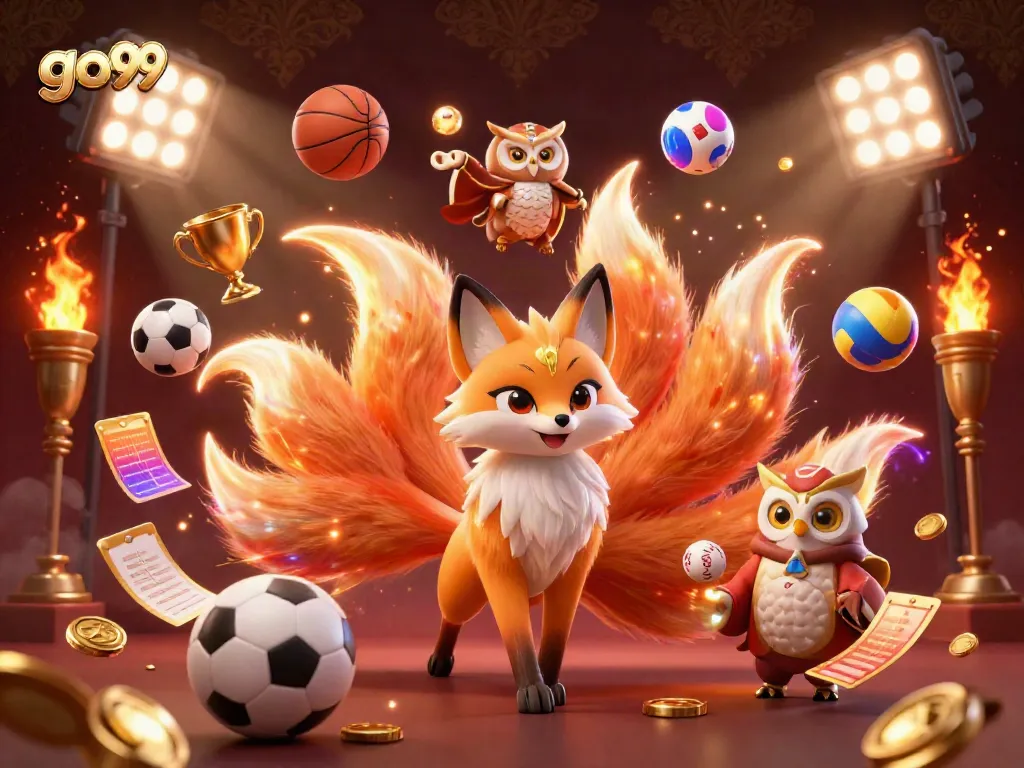Experience the vibrant gaming excitement at go99 with animated characters, sports balls, and winning elements.