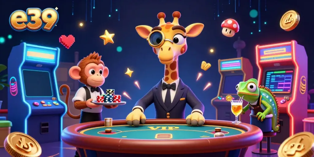 Experience the excitement of e39 with vibrant characters and casino elements in a captivating 3D scene.