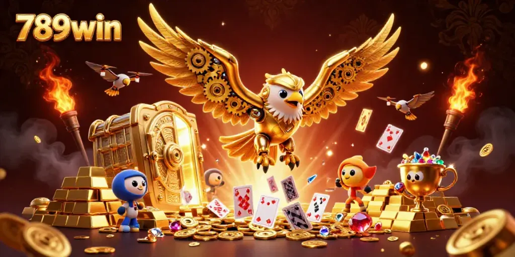 Experience captivating winnings at 789win, where a cybernetic eagle soars among vibrant casino rewards.