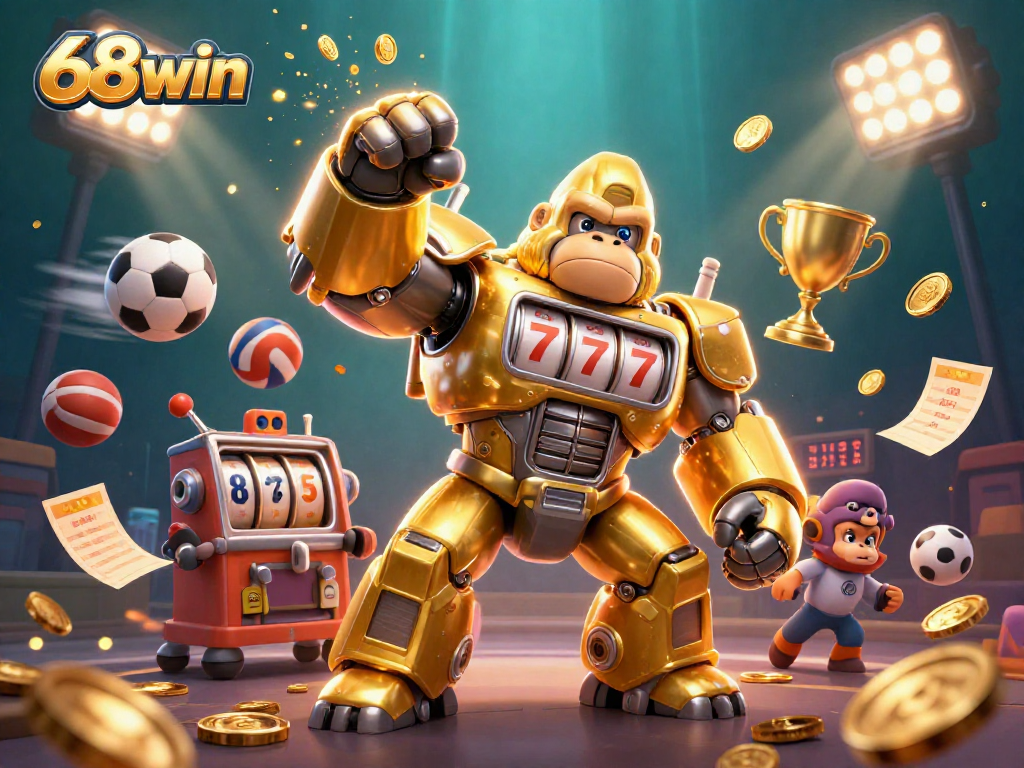 Experience the excitement at 68win with a dynamic illustration of a golden gorilla mech and action-packed gambling elements.