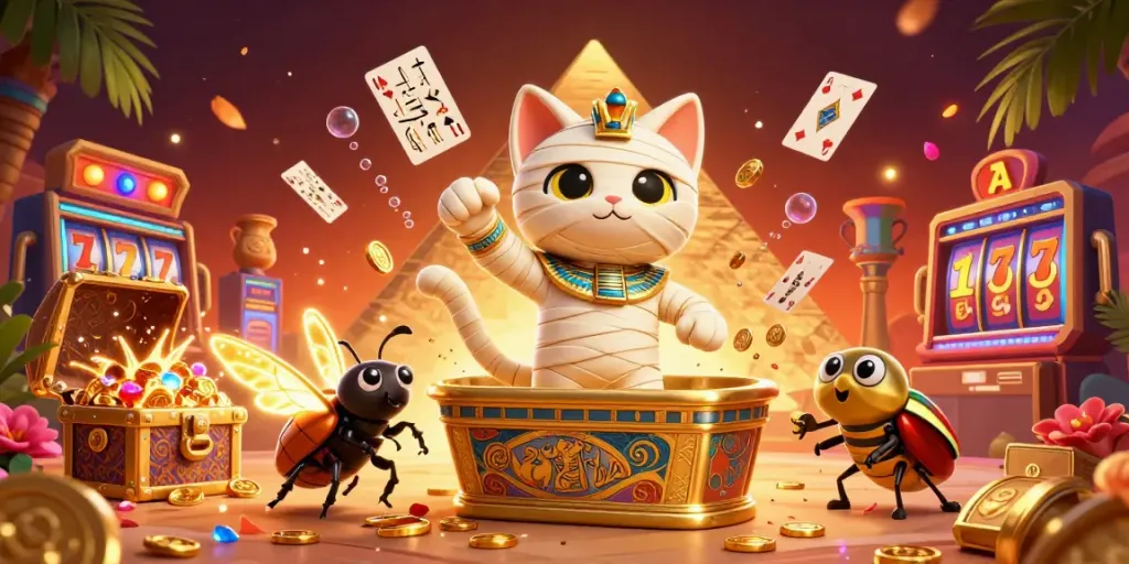 Kuwin gaming adventure with a mummy cat and scarab beetle amidst casino treasures, vibrant 3D illustration.