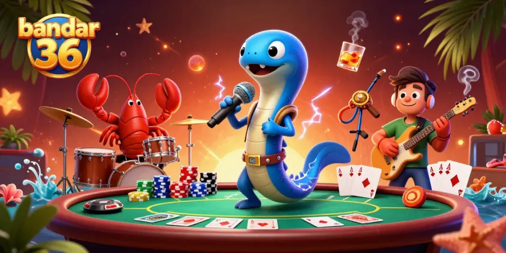 Bandar 36 menampilkan sisi menghibur di kasino bawah laut dengan karakter unik yang bermain poker.
