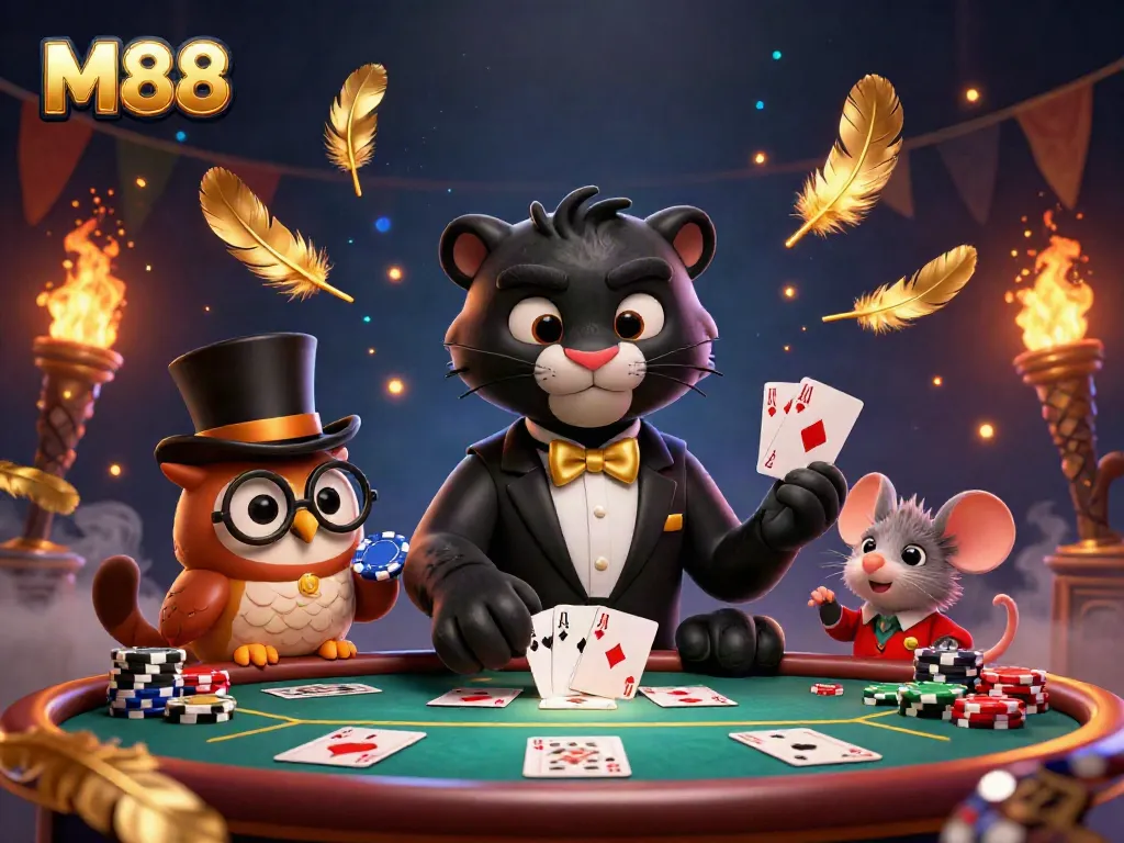 M88 card dealing scene with panther, owl and mouse in an exciting casino atmosphere.