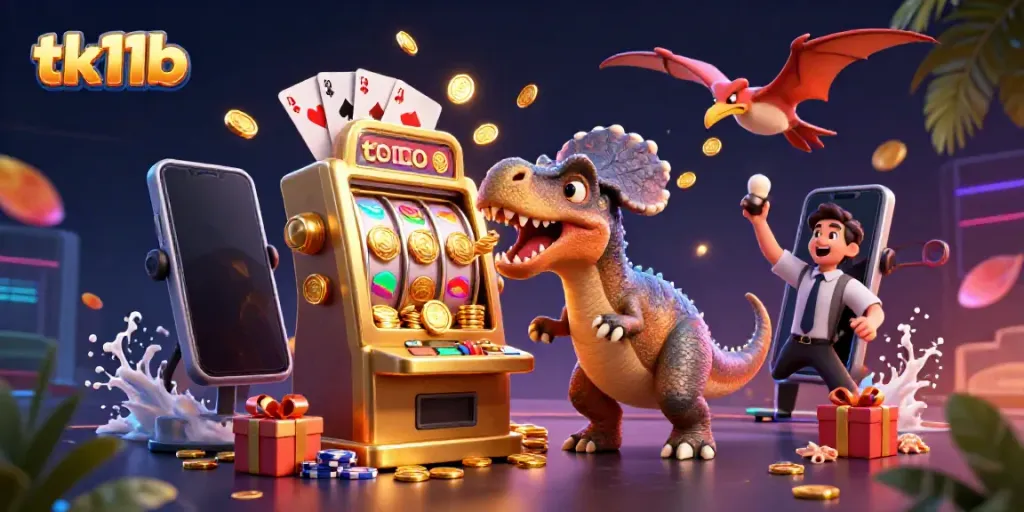 Engage in thrilling jackpots at tk11b with a colorful slot machine, dinosaur characters, and dynamic casino elements.