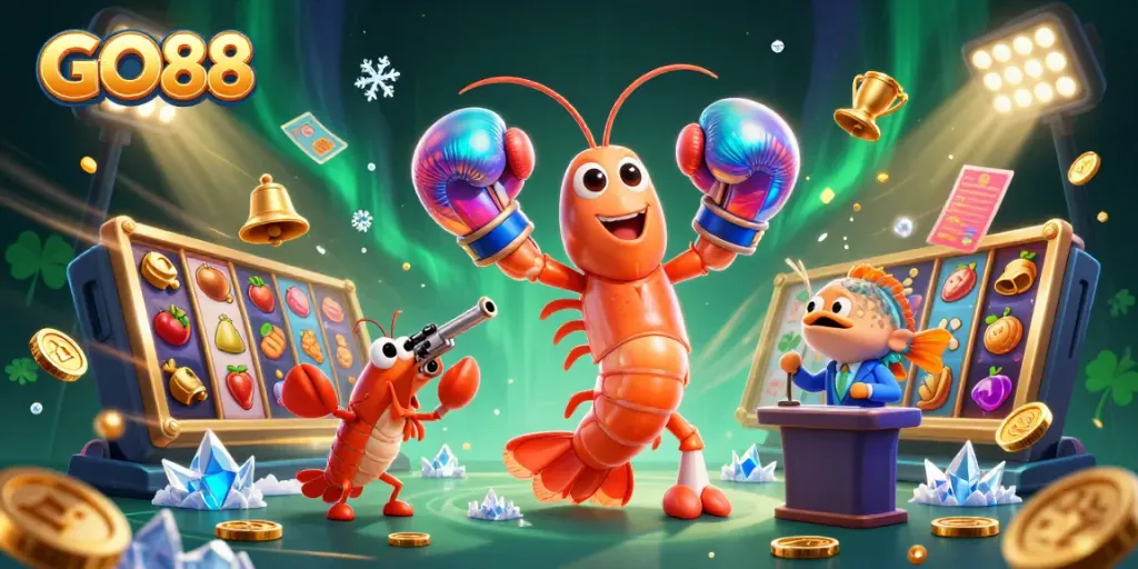 GO88, vibrant online slots illustration featuring dynamic characters and game elements.