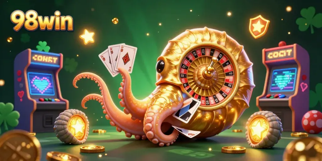 Experience thrilling gameplay with 98win's vibrant cartoon scene featuring a nautilus roulette and neon arcade elements.