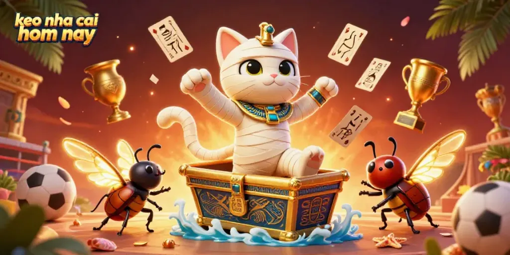 Experience sports betting excitement with keo nha cai hom nay featuring a mummy cat and dynamic elements.