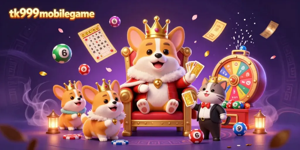 Engage with tk999mobilegame in a vibrant 3D gaming scene featuring a regal corgi and dynamic game elements.