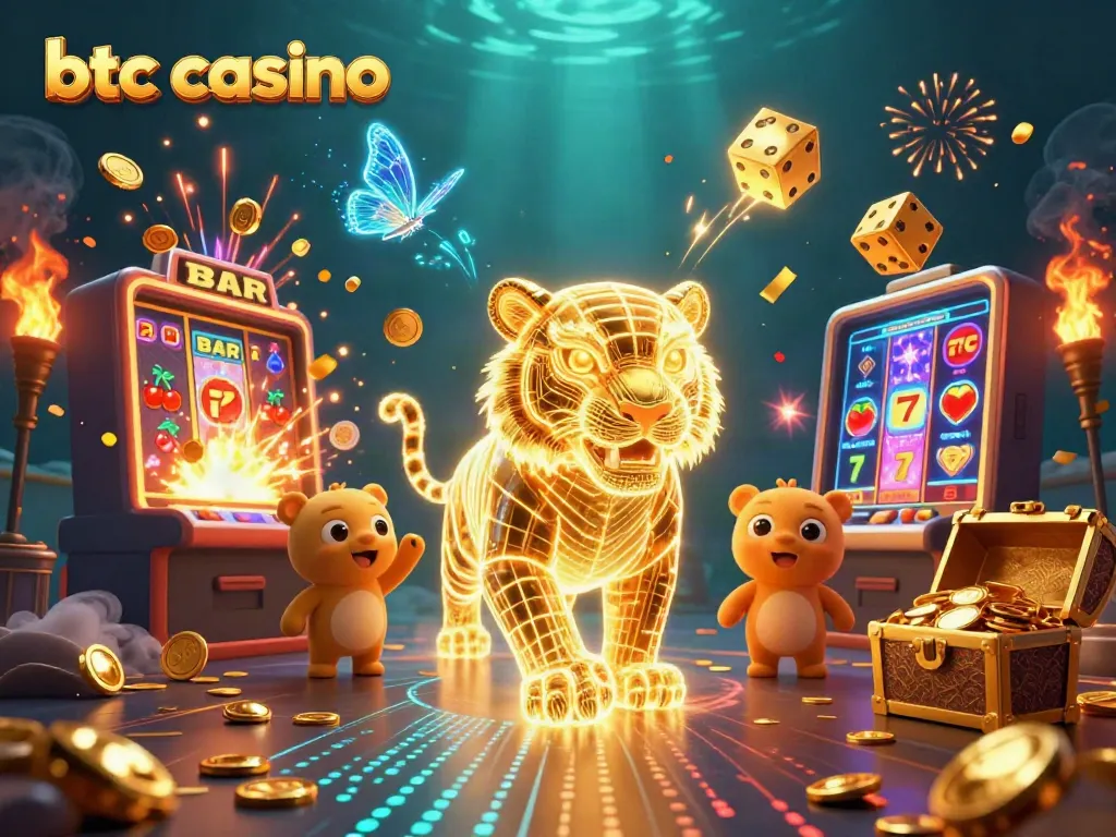 Experience vibrant gameplay at btc casino with a golden light tiger amidst digital slots and rich rewards.