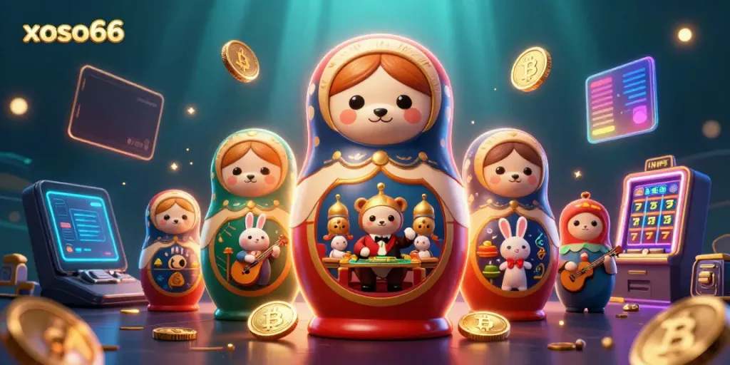 Experience the excitement at xoso66 with cartoon bears and crypto coins in a vibrant casino setting.
