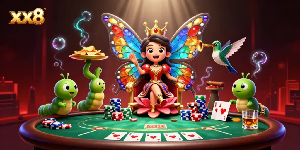 Experience vibrant gaming with xx8: a butterfly queen presides over a lively casino scene