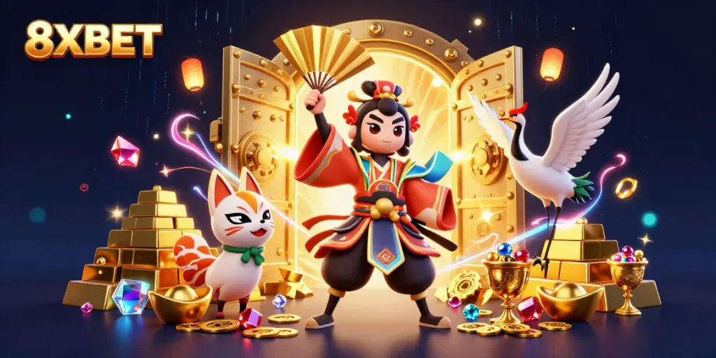 8XBET showcases an exciting 3D casino illustration filled with gold treasures and vibrant characters.