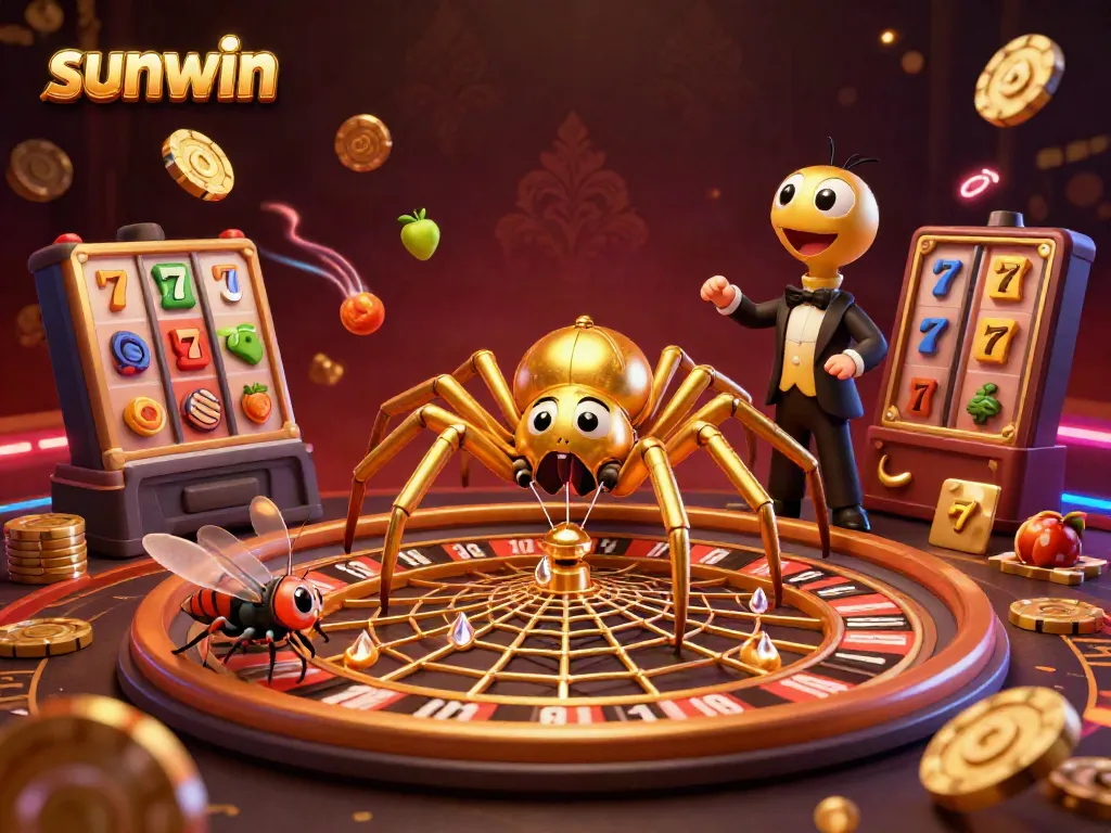 Experience thrilling bets with sunwin surrounded by a golden web, roulette wheel, and slot symbols.