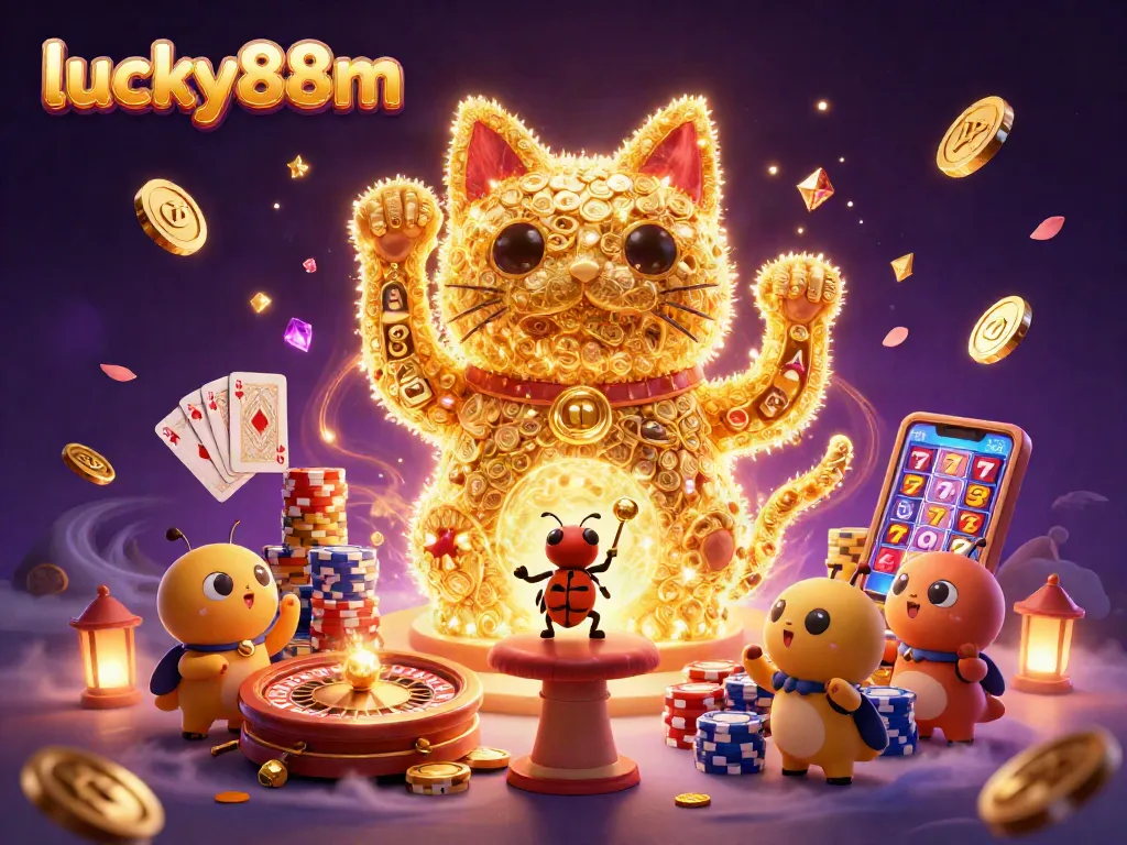 Catch thrilling action at lucky88m with a giant lucky cat and dynamic casino symbols in a colorful casino scene.