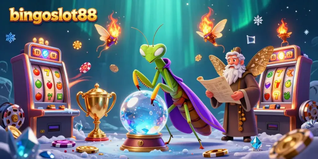 Permainan kasino bingoslot88 dengan karakter dan mesin slot yang berputar menambah suasana.