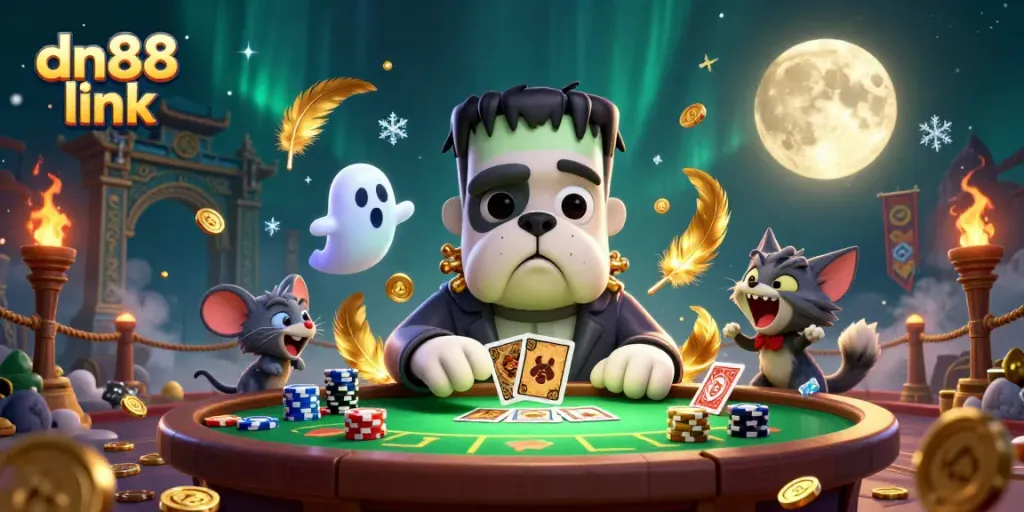 Engage with the vibrant dn88 link casino scene featuring a unique bulldog monster chef and ghost mouse amidst lively game elements.