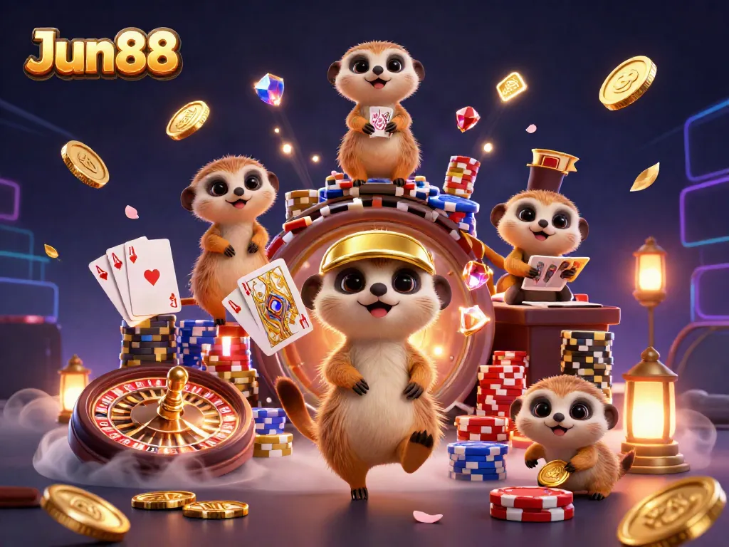 Experience the vibrant casino action at Jun88 with meerkats running games, swirling coins, and lively cards.