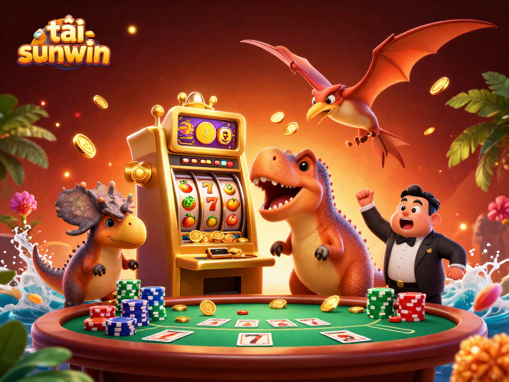 Engage with tải sunwin as a 3D cartoon pachycephalosaurus hits a golden slot machine, generating a jackpot.