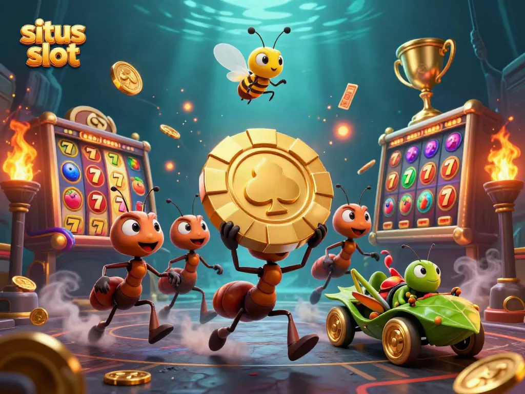 Situs slot illustration featuring ants heisting a giant poker chip amidst slot reels and golden treasures.