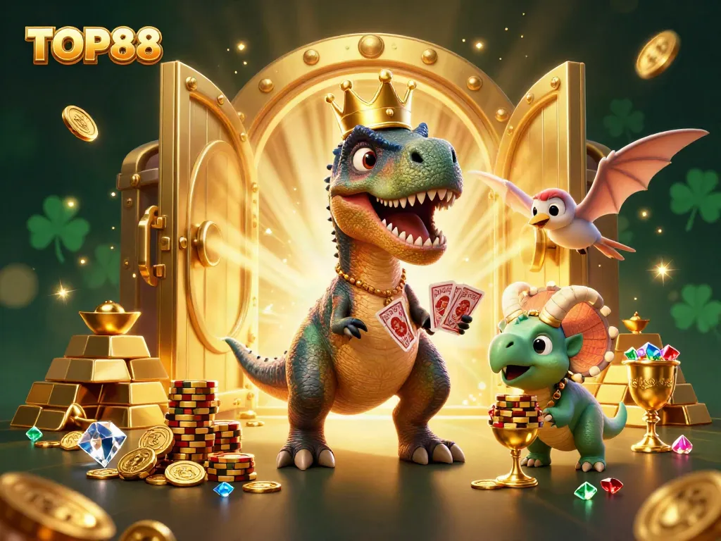 Experience the excitement of TOP88 as a T-Rex shuffles cards with a pterodactyl and triceratops amid gold and jewels.