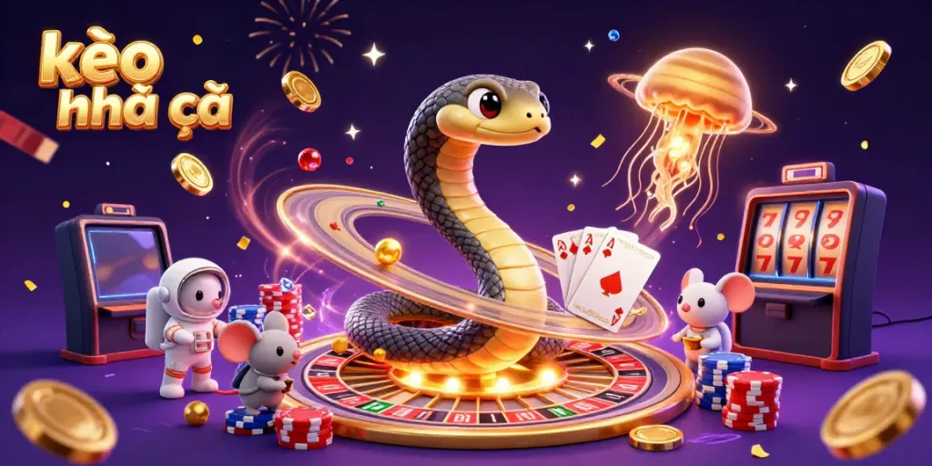 Engaging kèo nhà cái scene with cartoon Saturn ring snake as roulette wheel, astronauts betting, and golden jellyfish dealer.